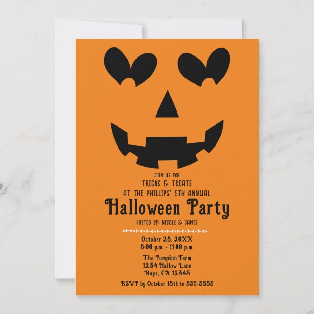Invitation Halloween Citrouille de coeur heureux orange et no (Devant)
