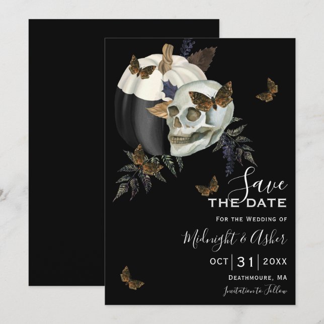 Invitation Halloween Citrouille de crâne Enregistrer la date  (Devant / Derrière)