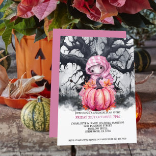 Invitation Halloween Citrouille rose Effrayant Et Figure Hant
