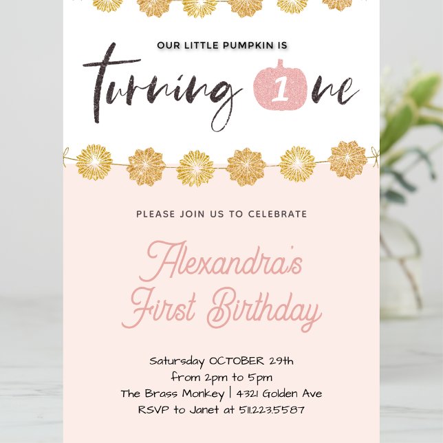 Invitation Halloween citrouille rose or floral 1er anniversai (Halloween-1st-birthday-Invitation-Pumpkin-Pink-Gold-Floral-1)