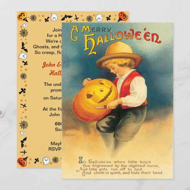 Invitation Halloween Citrouille vintage (Devant / Derrière)