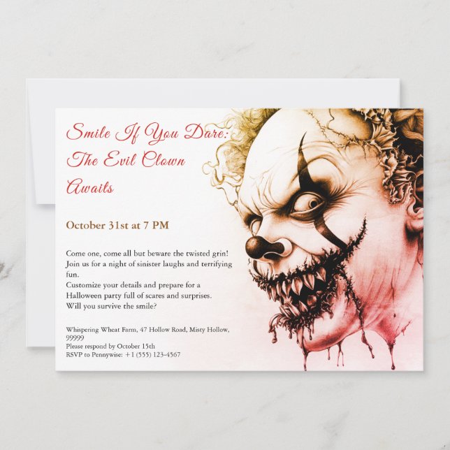 Invitation Halloween Clown Maléfique – Sourire Sin (Devant)
