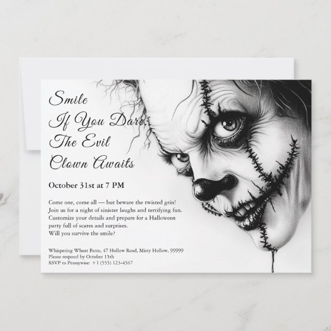 Invitation Halloween Clown Maléfique – Sourire Sin (Devant)