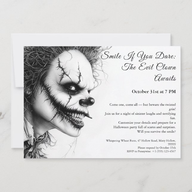 Invitation Halloween Clown Maléfique – Sourire Sin (Devant)