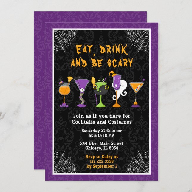 Invitation Halloween Cocktails and Costumes Party Purple (Devant / Derrière)