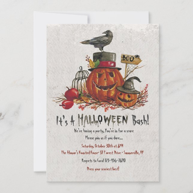 Invitation Halloween Corbeau et Citrouilles (Devant)