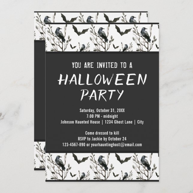 Invitation Halloween Corbeaux chauves-souris noir et blanc Aq (Devant / Derrière)