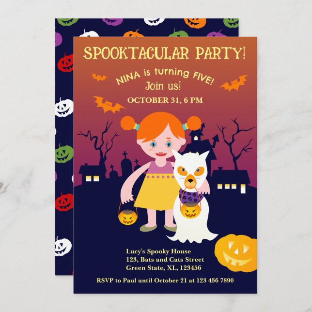 Invitation Halloween Costume fille fête d'anniversaire (Devant / Derrière)