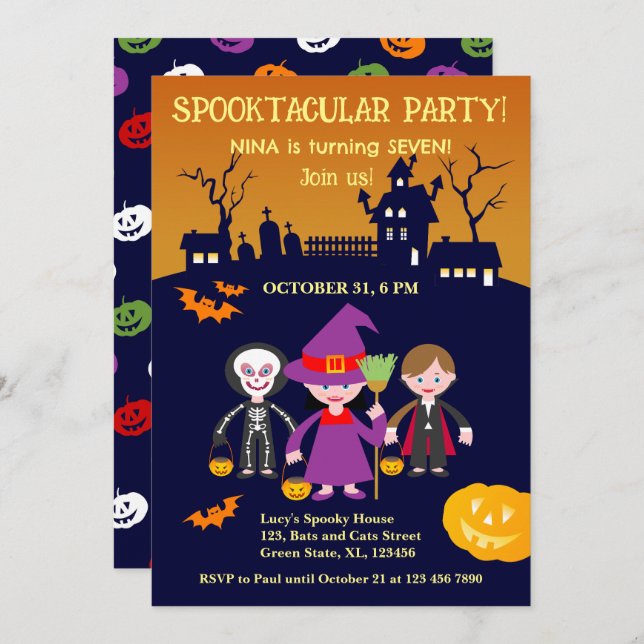 Invitation Halloween Costume fille fête d'anniversaire (Devant / Derrière)