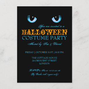Invitation Halloween Costume Party Black Chat Bleu