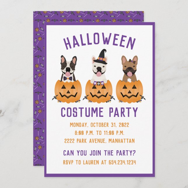 Invitation Halloween Costume Party Français Bulldogs Citrouil (Devant / Derrière)