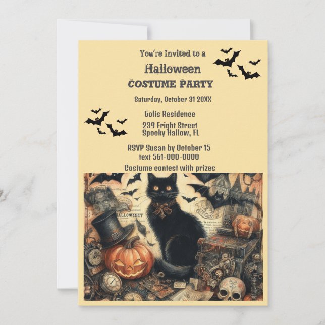 Invitation Halloween Costume Party Vintage Chat noir (Devant)