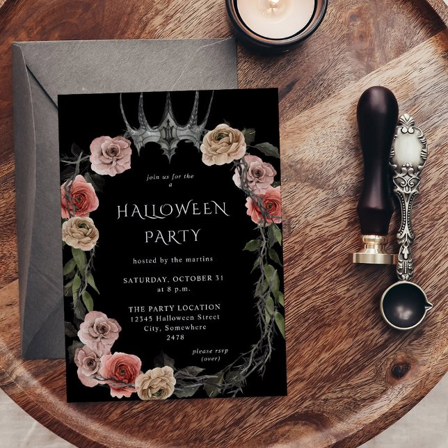 Invitation Halloween Couronne rose et noire Halloween florale (Créateur téléchargé)