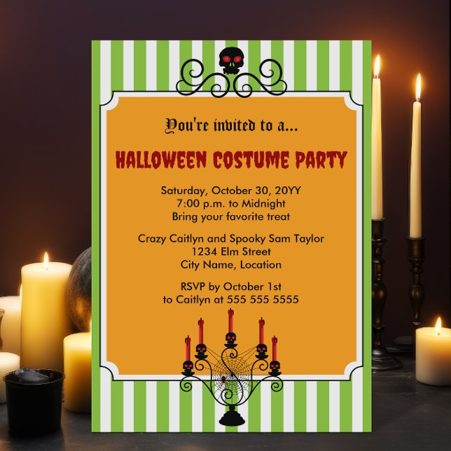 Invitation Halloween Crâne Candelabra Costume Party (Halloween skull and candelabra costume party invitation.)