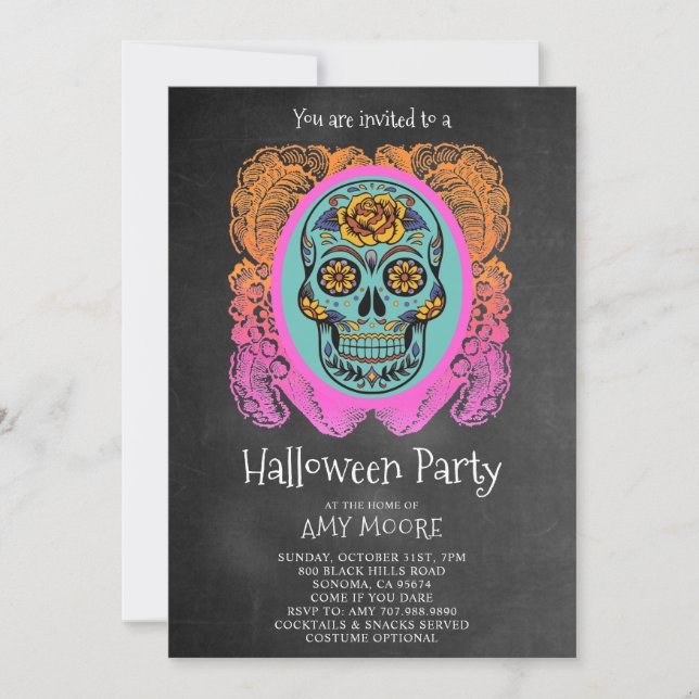 Invitation Halloween Crâne de sucre Chalkboard Party Invitati (Devant)