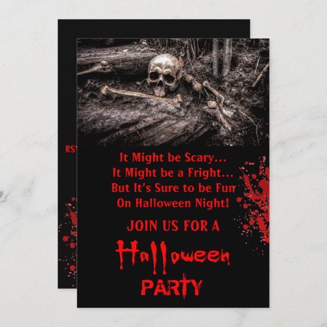 Invitation Halloween crâne et os effrayant  (Devant / Derrière)