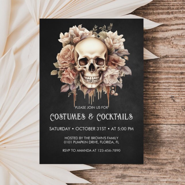 Invitation Halloween Crâne floral Cocktails & Costumes Party (Créateur téléchargé)