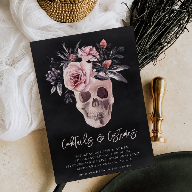 Invitation Halloween Crâne floral Cocktails & Costumes Party (Créateur téléchargé)
