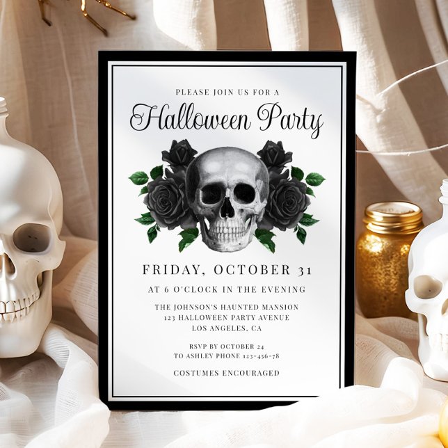 Invitation Halloween Crâne Floral Gothique (Gothic Floral Skull Halloween Invitation)