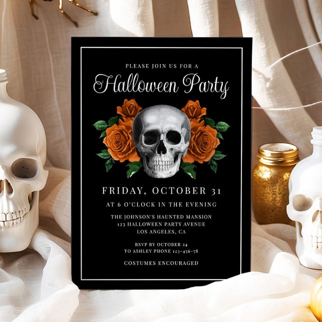 Invitation Halloween Crâne Floral Gothique Noir (Black Gothic Floral Skull Halloween Invitation)