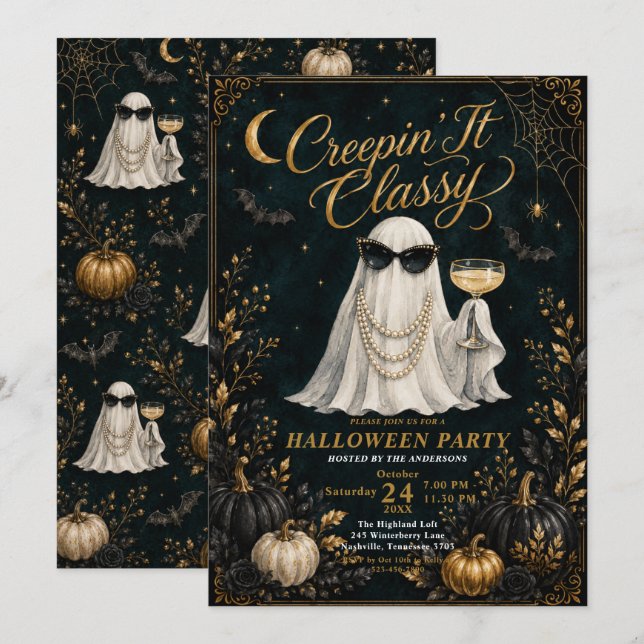 Invitation Halloween « Creepin’ It Classy » (Devant / Derrière)