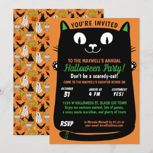 Invitation Halloween Cute Black Cat Kids Party Spooktacular