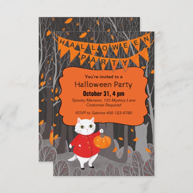 Invitation Halloween Cute Cat & Jack-o’-lanterne Citrouille (Devant / Derrière)