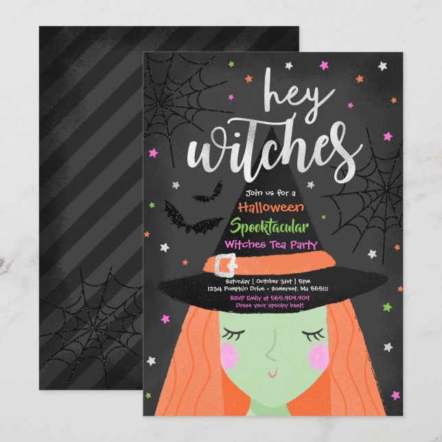 Invitation Halloween Cute Hey sorcière la fête du thé Hallowe (Devant / Derrière)
