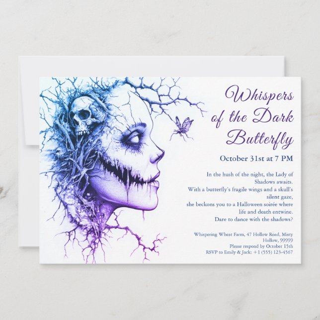 Invitation Halloween Dark Lady – Papillon & Crâne (Devant)