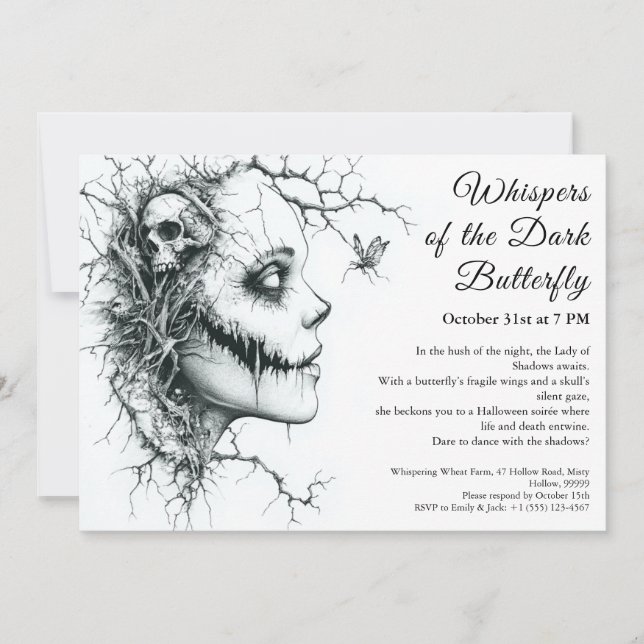 Invitation Halloween Dark Lady – Papillon & Crâne (Devant)