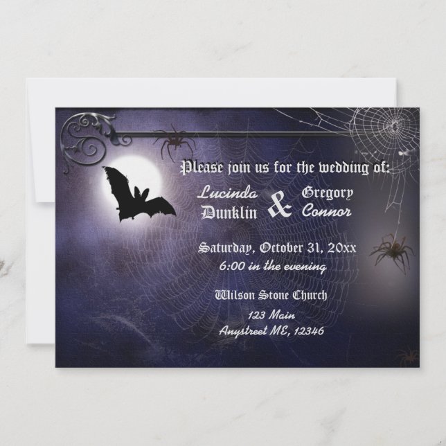 Invitation Halloween de chauve-souris, de lune et d'araignées (Devant)