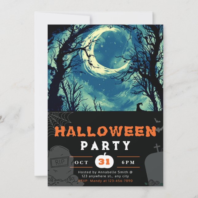 Invitation Halloween de la nuit éffrayante Sky Crescent Moon (Devant)