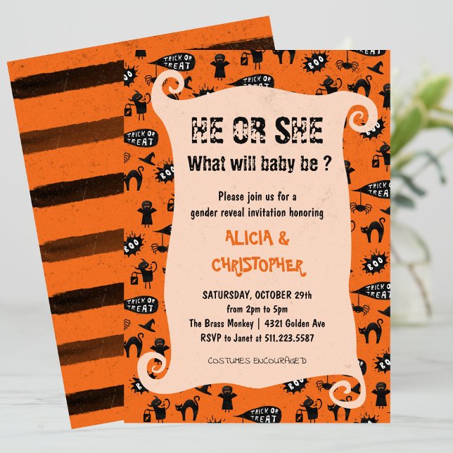 Invitation Halloween de révélation de genre friandise et farc (Halloween-gender-reveal-Invitation-Spooky-trick-and-treat-1)