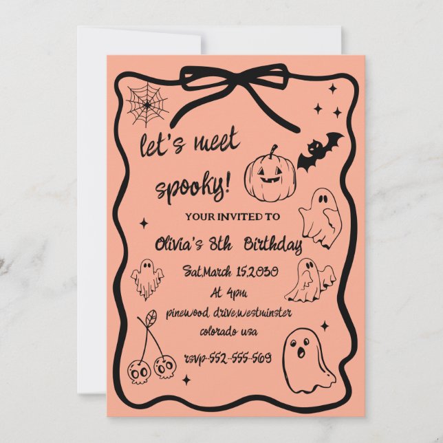 Invitation halloween doodle spooky season girls birthday  (Devant)
