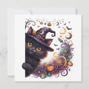 Invitation Halloween effrayant, chat noir qui regarde