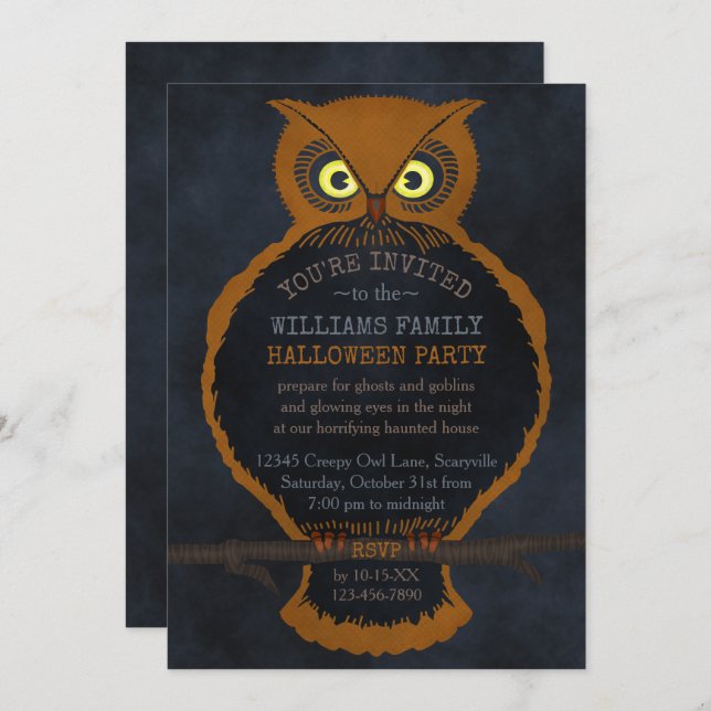 Invitation Halloween effrayant Orange Owl Haunted House Party (Devant / Derrière)