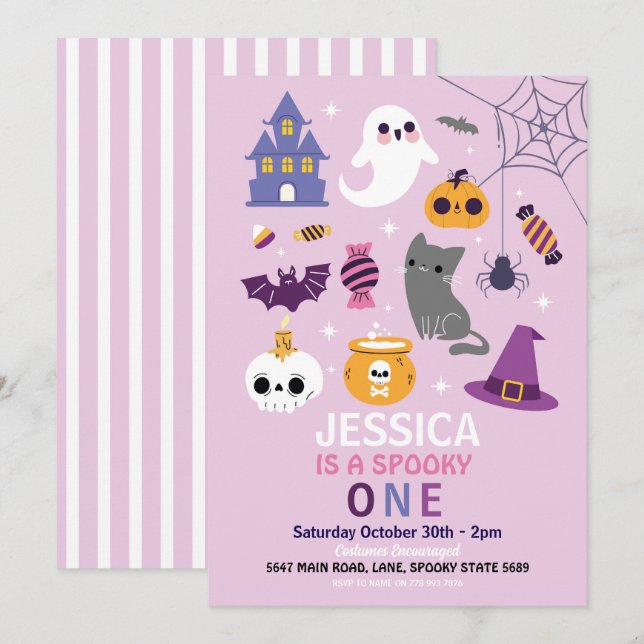 Invitation Halloween Éffrayant UN 1er anniversaire Fille (Devant / Derrière)