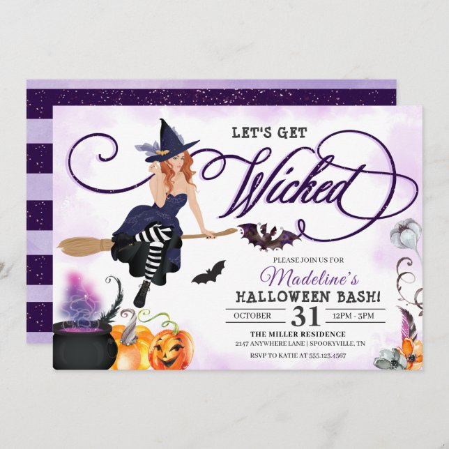 Invitation Halloween éffrayant violet en vol sorcière (Devant / Derrière)