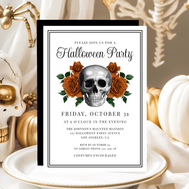 Invitation Halloween Élégant Floral Gothique Crâne (Elegant Gothic Floral Skull Halloween Invitation)