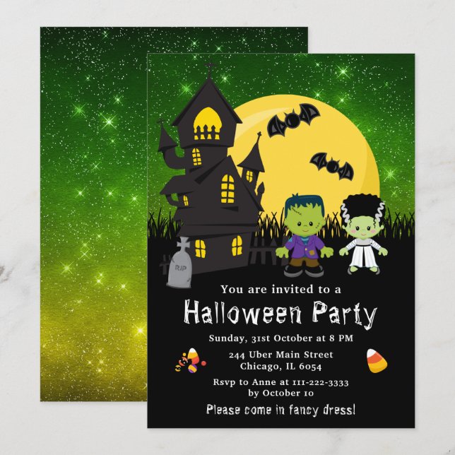 Invitation Halloween Fantastiques Robe Fête Monstres Vert (Devant / Derrière)
