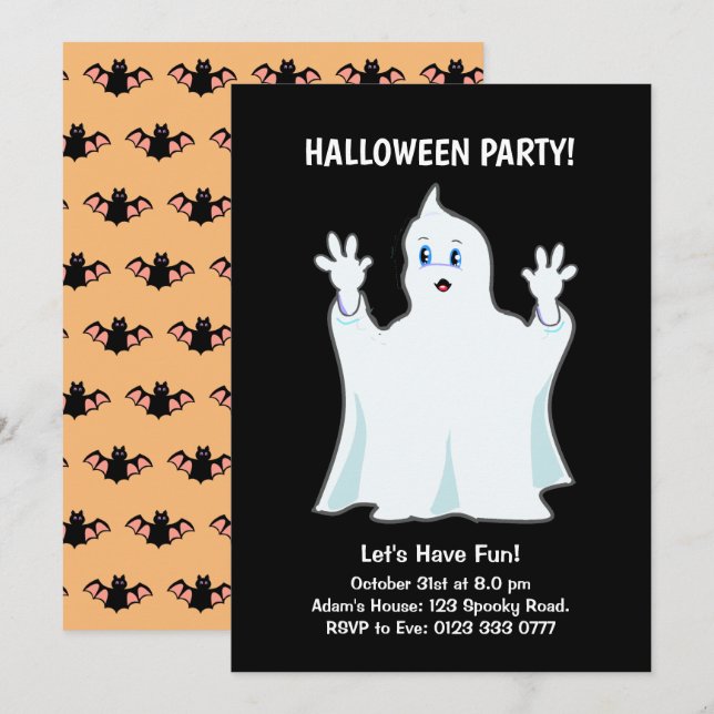 Invitation Halloween Fantôme sur fond Noir (Devant / Derrière)