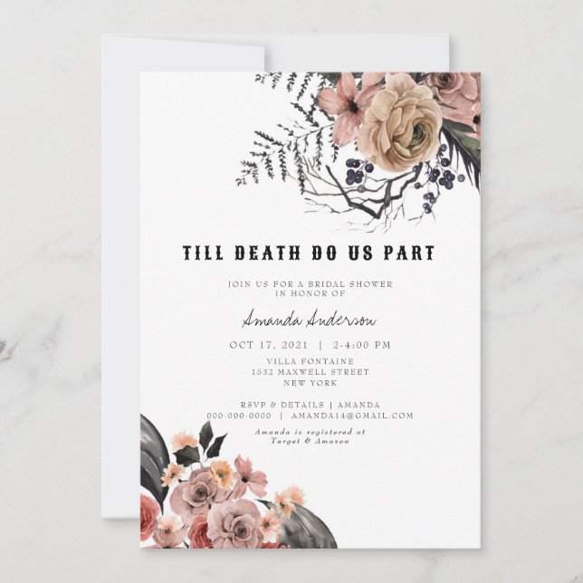 Invitation Halloween Fête des mariées florale rose gothique (Devant)