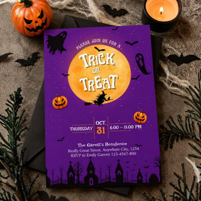 Invitation Halloween Fête Violette Trick or Treat (Purple Halloween Kids Trick or Treat Invitation )