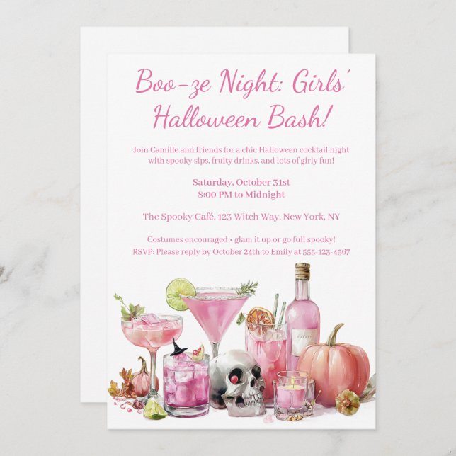 Invitation Halloween Filles Nuit dehors | Cocktail rose (Devant / Derrière)