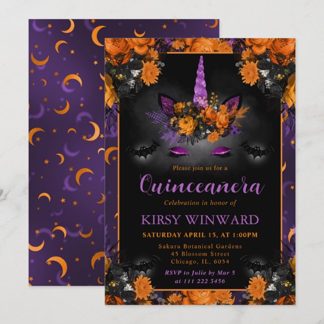 Invitation Halloween Fleur Licorne Visage Quinceanera (Devant / Derrière)
