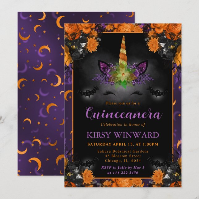 Invitation Halloween Fleur Licorne Visage Quinceanera (Devant / Derrière)