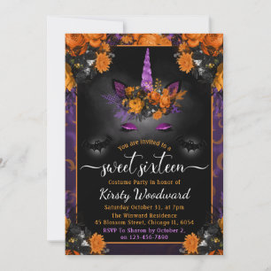 Invitation Halloween Fleur Licorne Visage Sweet Sixteen