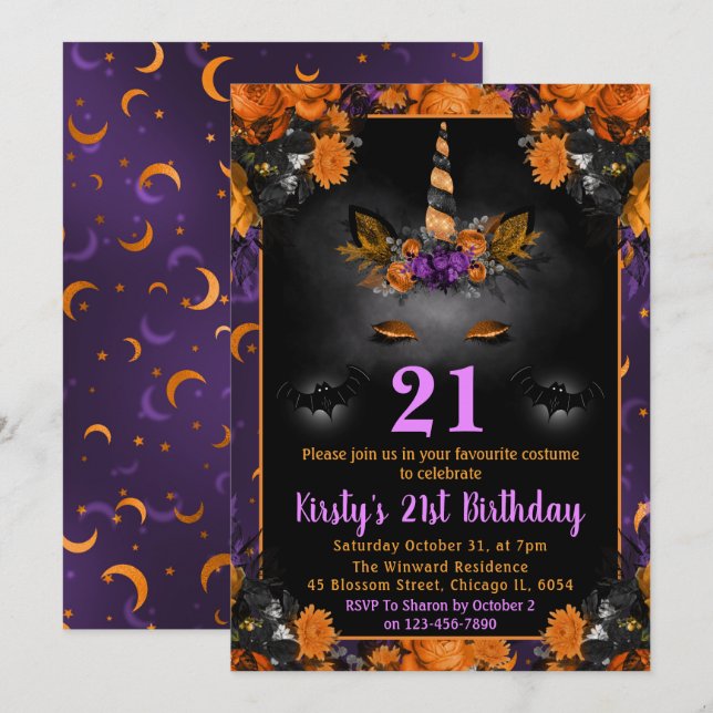 Invitation Halloween Floral Unicorn Face 21e Anniversaire (Devant / Derrière)