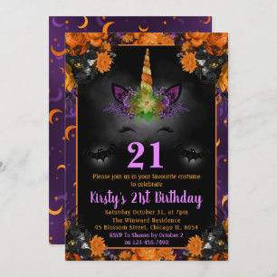 Invitation Halloween Floral Unicorn Face 21e Anniversaire