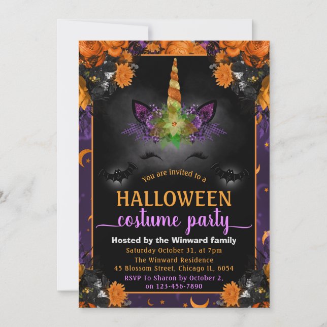 Invitation Halloween Floral Unicorn Visage Costume Party (Devant)
